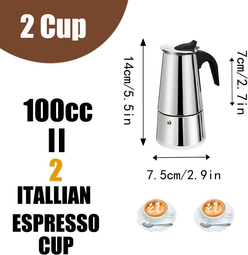 DITOSH 2 Cup Stovetop Espresso Maker Stainless Steel Moka Pot Stove Top Percolator Italian Coffee Makers Capable Mocha Greca Machine Cafe Classic Induction Cookers for Home and Camping 100ml 3.3oz - Image 3